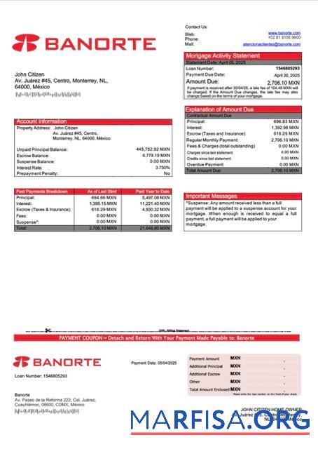Downloadable Mexico Banorte mortgage statement Word and PDF template